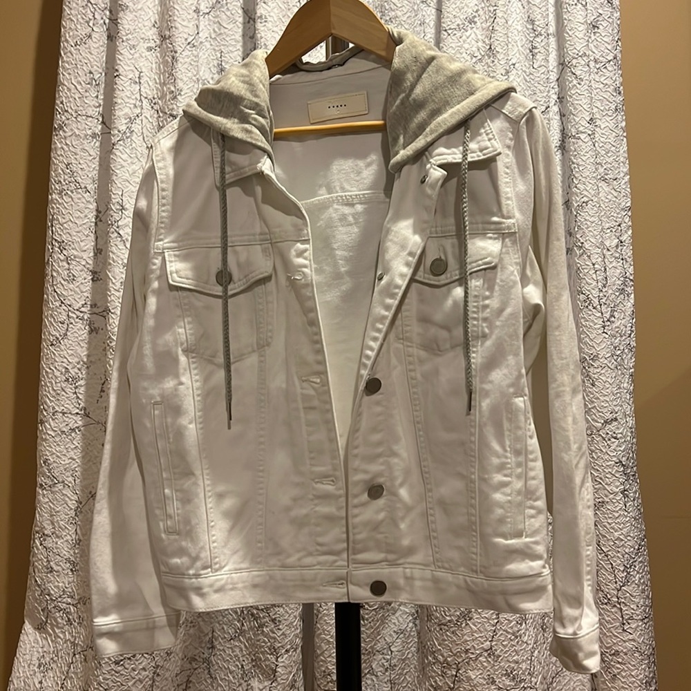 BlankNYC White Denim Jean Jacket with removable grey hood